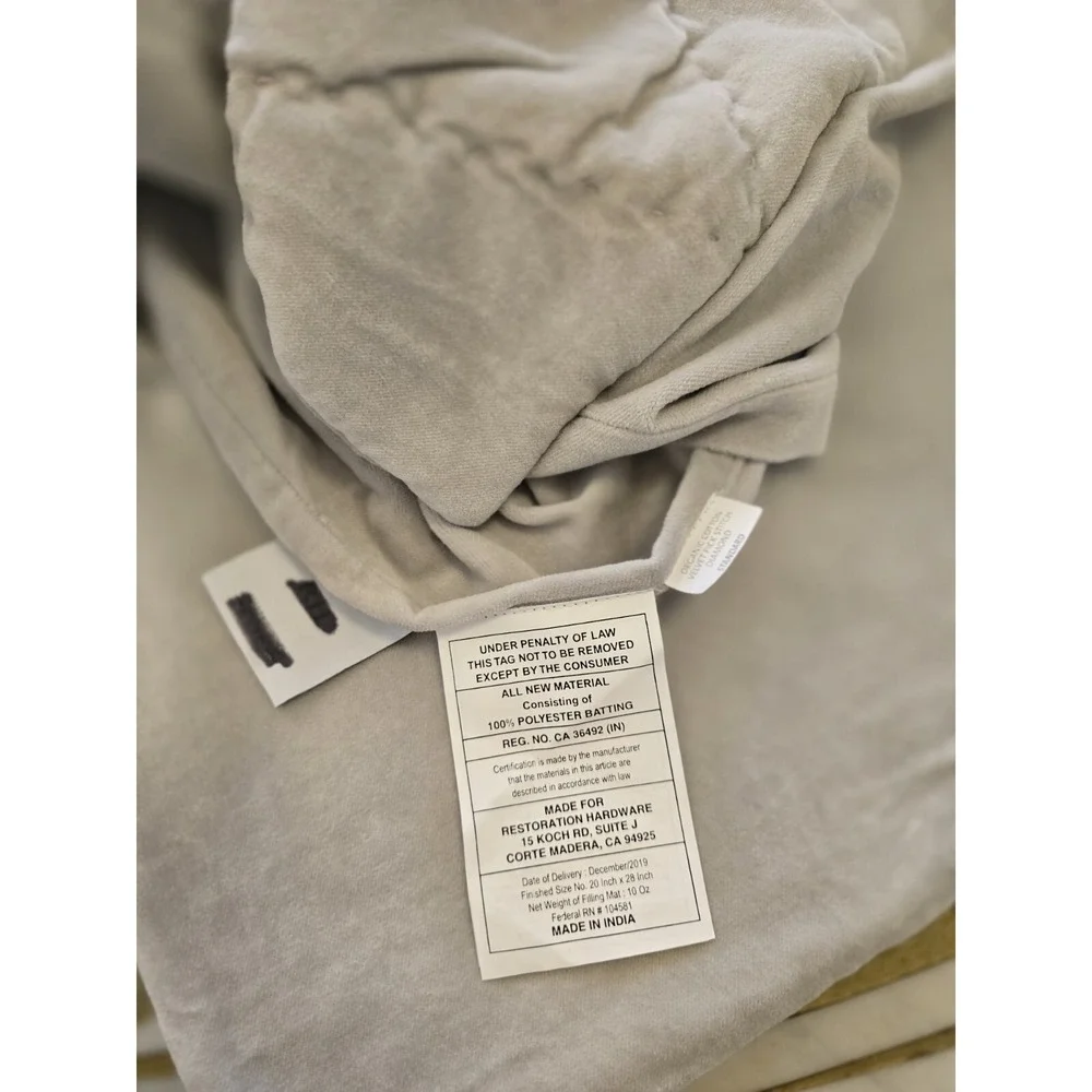 Restoration Hardware Organic Cotton Velvet Diamond Sham Grey Standard Size